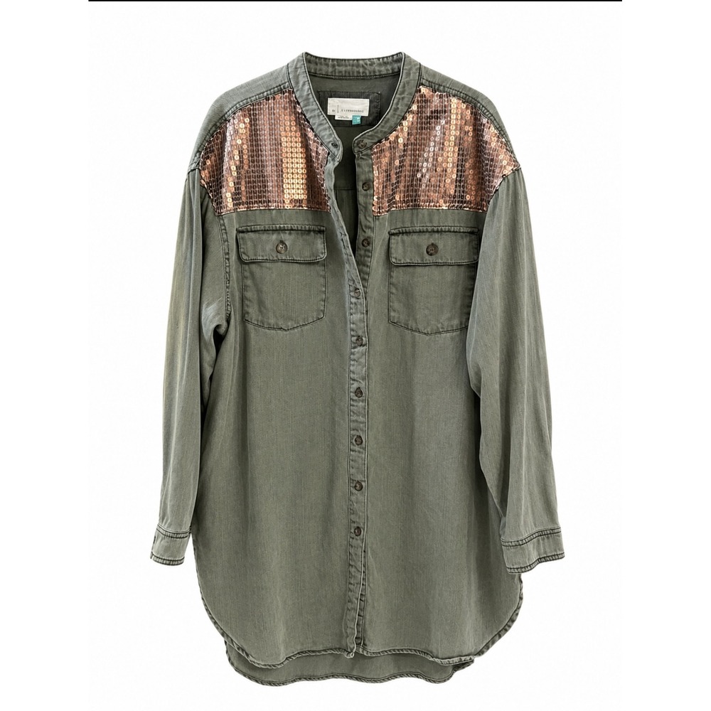 Anthropologie Sequined Chambray Tunic Shirt Dress 18W Olive Green Button Front